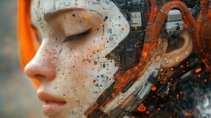 Close-up of a futuristic humanoid with cybernetic features.