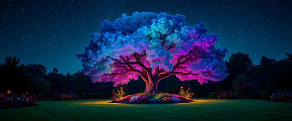 A vibrant tree illuminated by colorful lights in a serene garden at night, surrounded by blooming flowers and twinkling stars