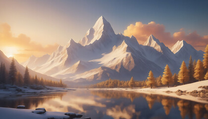 Obraz premium Serene Mountain Landscape with Snow-Capped Peaks at Golden Sunset