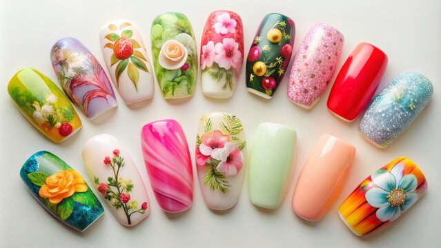 • Nail art designs on artificial fingernails in various styles and colors presented on a calming background.
