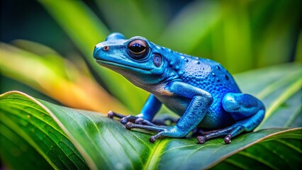Obraz premium On a lush green leaf, a tiny, vibrant blue tree frog looks out at the world with big,