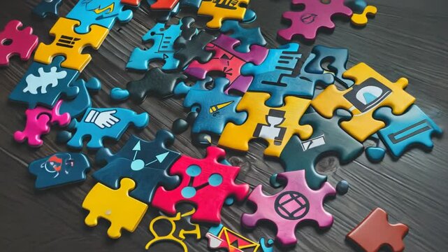 Puzzle Pieces of Success: A vibrant assortment of puzzle pieces, each with unique symbols and colors, scattered across a wooden surface, symbolizing the interconnectedness and diversity of elements ne
