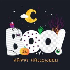 A Halloween poster with a pumpkin, a spiderweb, a spider, the moon, a zombie hand, and bones, with the text 'Boo'.