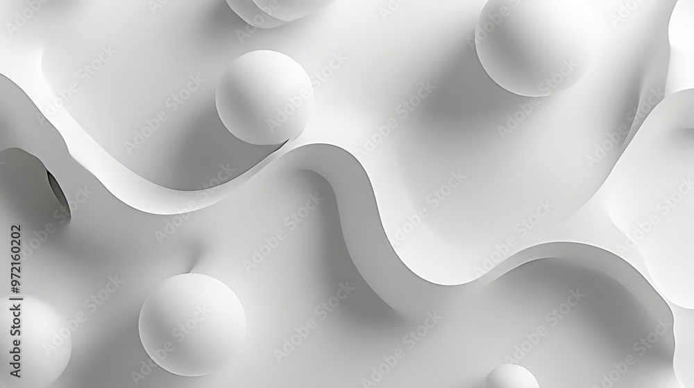 Poster white abstract 3d rendering of spheres and curves.