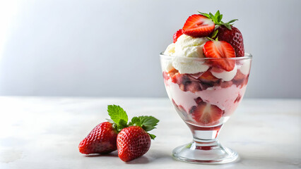 Indulge in a delicious sundae featuring juicy strawberries and creamy ice cream.
A classic dessert: a sundae with fresh strawberries and vanilla ice cream, perfect for any occasion.