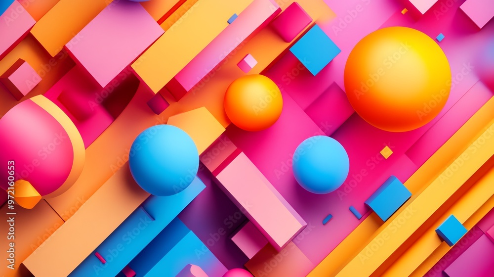 Poster abstract background with colorful spheres and geometric shapes.