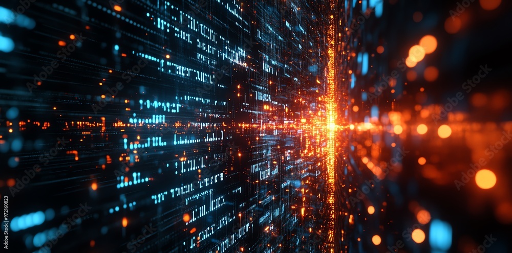 Poster abstract digital background with blue and orange glowing lines and particles, representing data flow