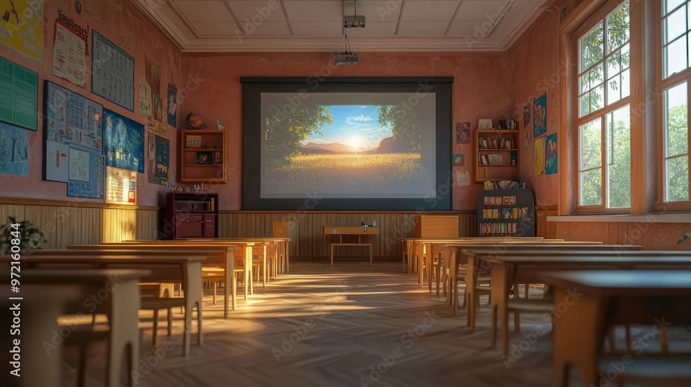 Poster classroom with projector displaying a serene landscape scene.