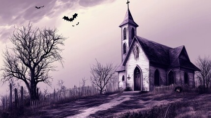 Fototapeta premium A creepy abandoned house with flying bats, dead trees, and fog surrounding it, creating a spooky Halloween atmosphere at dusk.