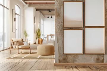  A minimalist living room interior with empty frames, perfect for showcasing your artwork or design.