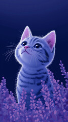 Enchanting Purple Cat and Floral Design: Dark Background Phone Wallpaper Illustration