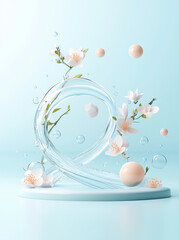 Cosmetic company image - water swirl with pure white flowers and round objects
