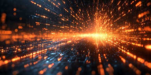 Abstract glowing orange lines and dots on a black background with a blurred effect.