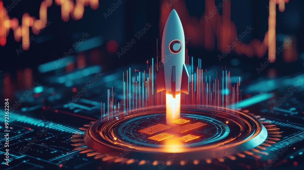 Aufkleber a 3d startup launchpad with rocket taking off, symbolizing growth and profits, surrounded by ascendi