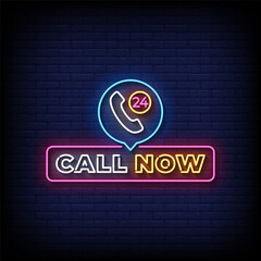call now neon sign vector with brick wall background 