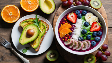 A healthy breakfast spread featuring avocado toast, a smoothie bowl, and fresh fruit, perfect for promoting wellness and fitness