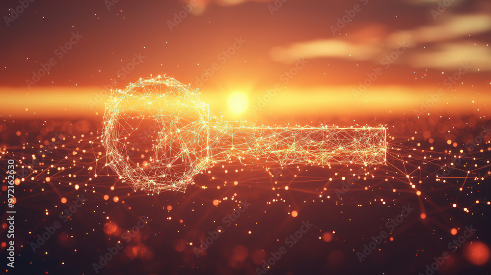 Aufkleber a digital key with connection lines and dots symbolizes security and access in vibrant sunset backdr