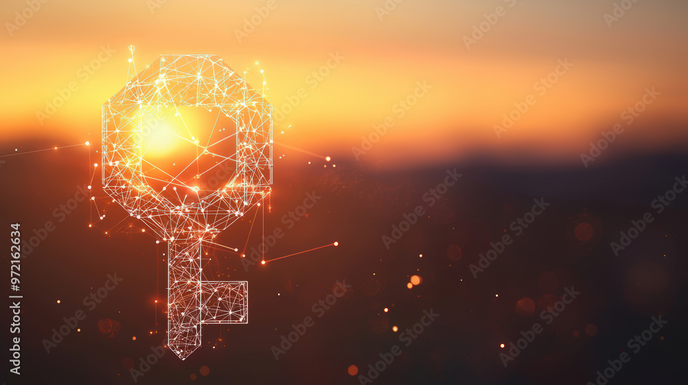 Poster a digital key with connection lines and dots symbolizes security and technology against warm sunset 
