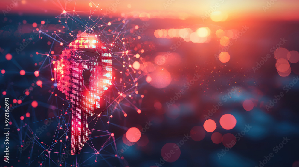 Poster digital key with connection lines and dots symbolizes security and technology. vibrant colors and ab