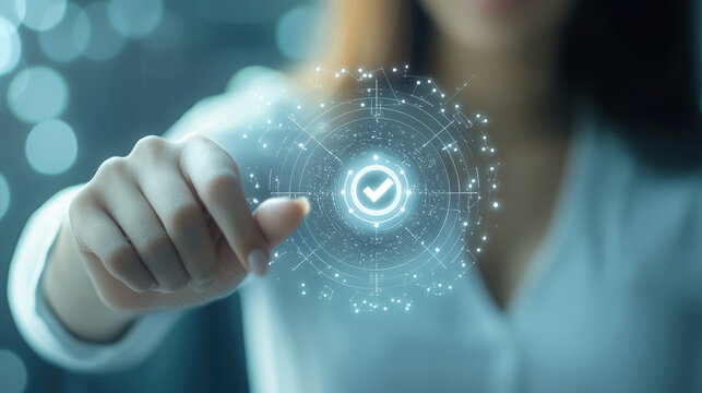 A woman interacts with digital interface, selecting glowing check mark symbol. scene conveys sense of technology and innovation, highlighting importance of digital verification