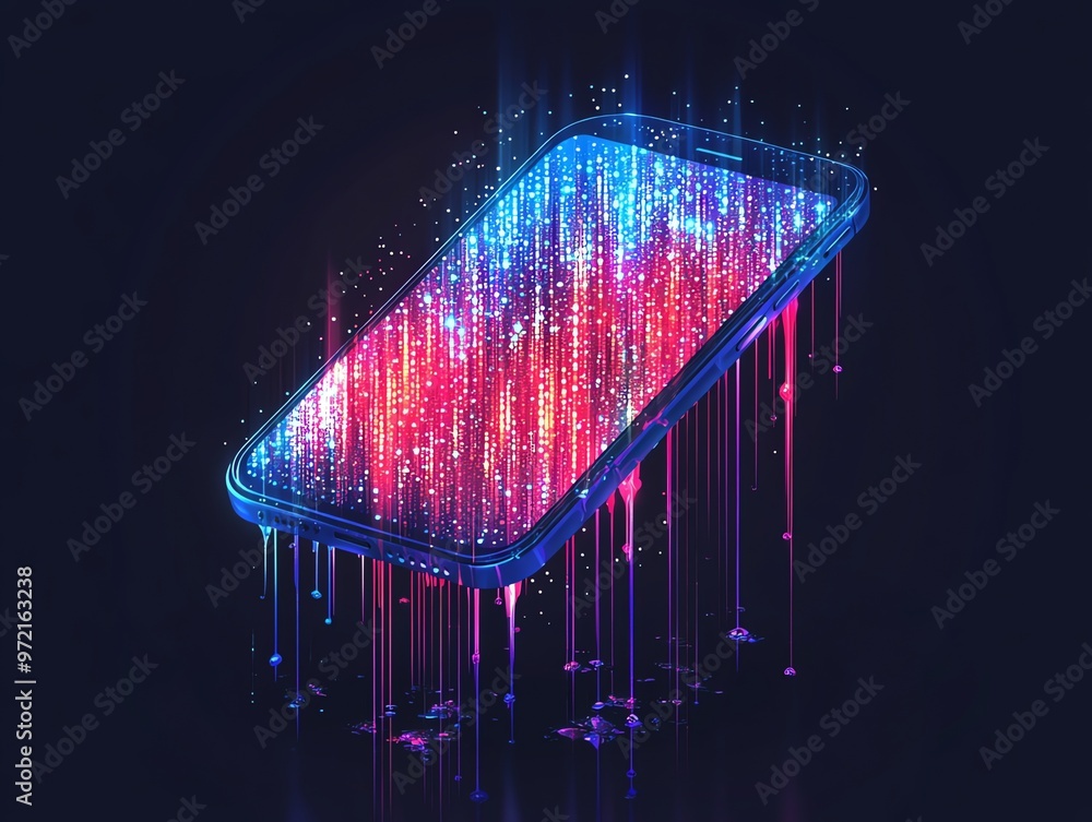 Poster abstract phone with digital data flowing out of the screen.