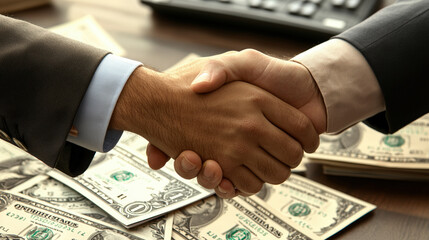 A handshake symbolizes agreement and partnership over stack of money and contracts, reflecting trust and collaboration in business dealings