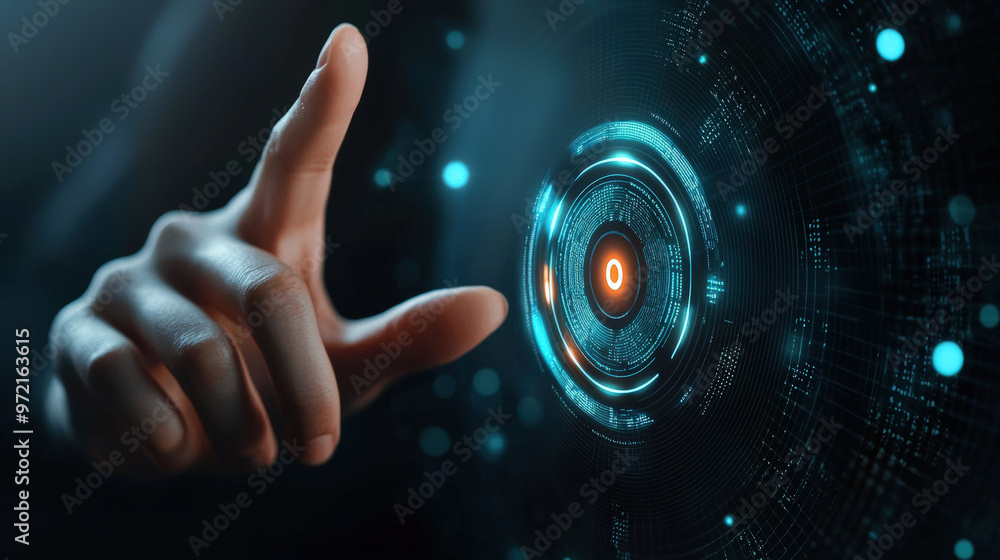 Poster a womans finger is pressing glowing 2fa button, symbolizing security and technology. image conveys s