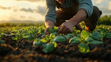 Fototapeta premium Farmers Striving for Sustainable Agriculture While Inspecting Green Plant Leaves in a Field for Healthy Crops
