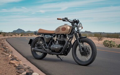 a motorcycle parked on the side of a desert road
