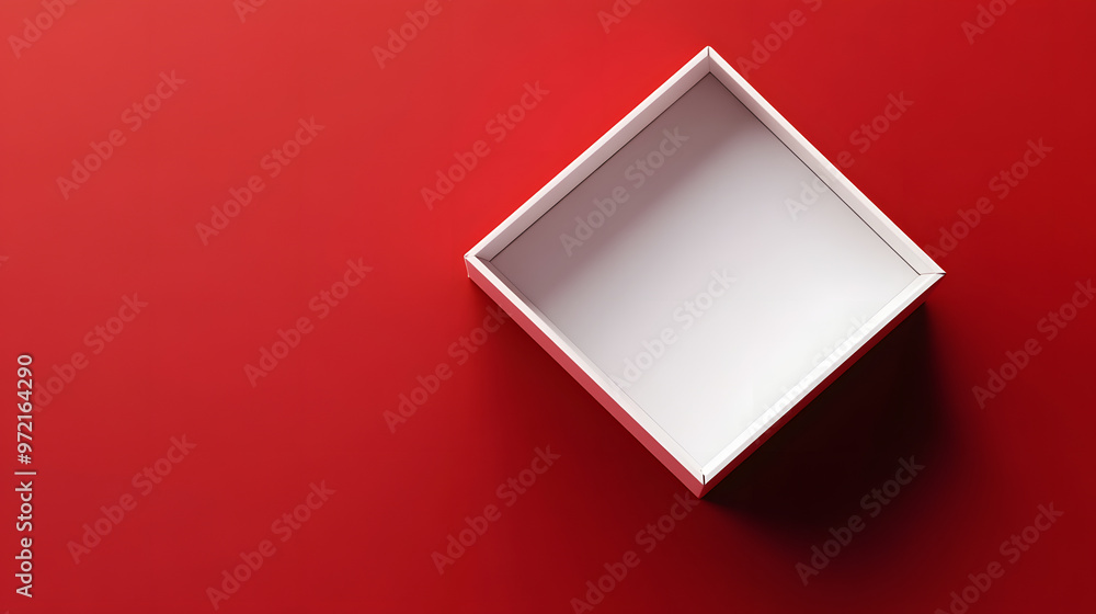 Poster blank open white box or top view of white present box isolated on dark red background with shadow mi