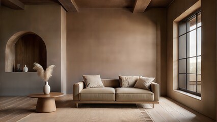 Blank white wall poster template in monochrome beige interior.Mockup blank for your design,illustrations,photos