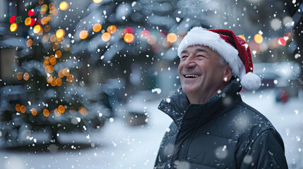Festive Garden Scene: Man in Santa Hat Enjoying Winter Snow and Holiday Lights