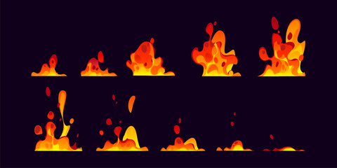 Volcano lava or magma animation game sprite effect sheet. Cartoon vector fluid and fiery animated sequence frame stages depicting a dynamic lava, magma eruption effect from initial bursts to spreading