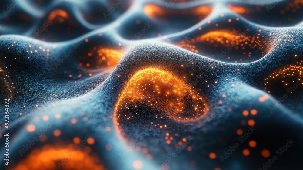 Poster abstract representation of glowing particles on textured surface.