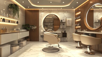 Modern salon interior with elegant chairs and a circular mirror.