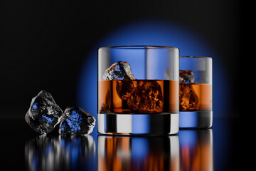 Scotch Whisky, bourbon or rum in a Glass on Blue background - 3D Illustration
