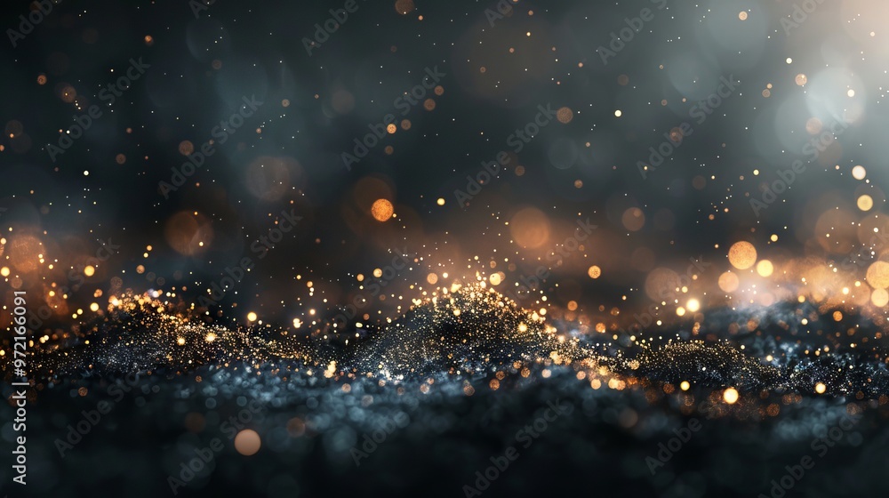 Poster abstract background with shiny gold sparkles and defocused bokeh lights on black - perfect for festi