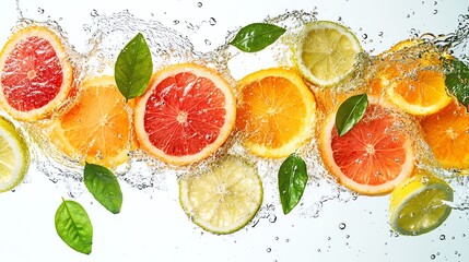 Citrus fruit slices and green leaves splashing in water.