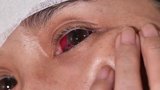結膜下出血　外傷により結膜の血管が破れて真っ赤になった目　頬に手をあてて考える