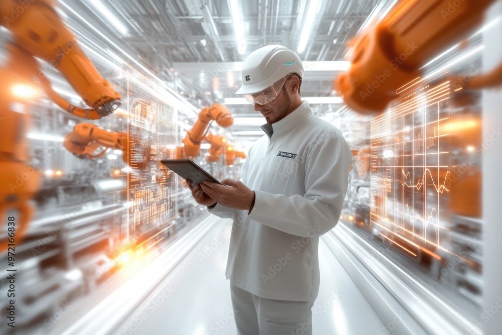 Poster very realistic and photographic photo of an engineer with a tablet in a sleek factory, surrounded by