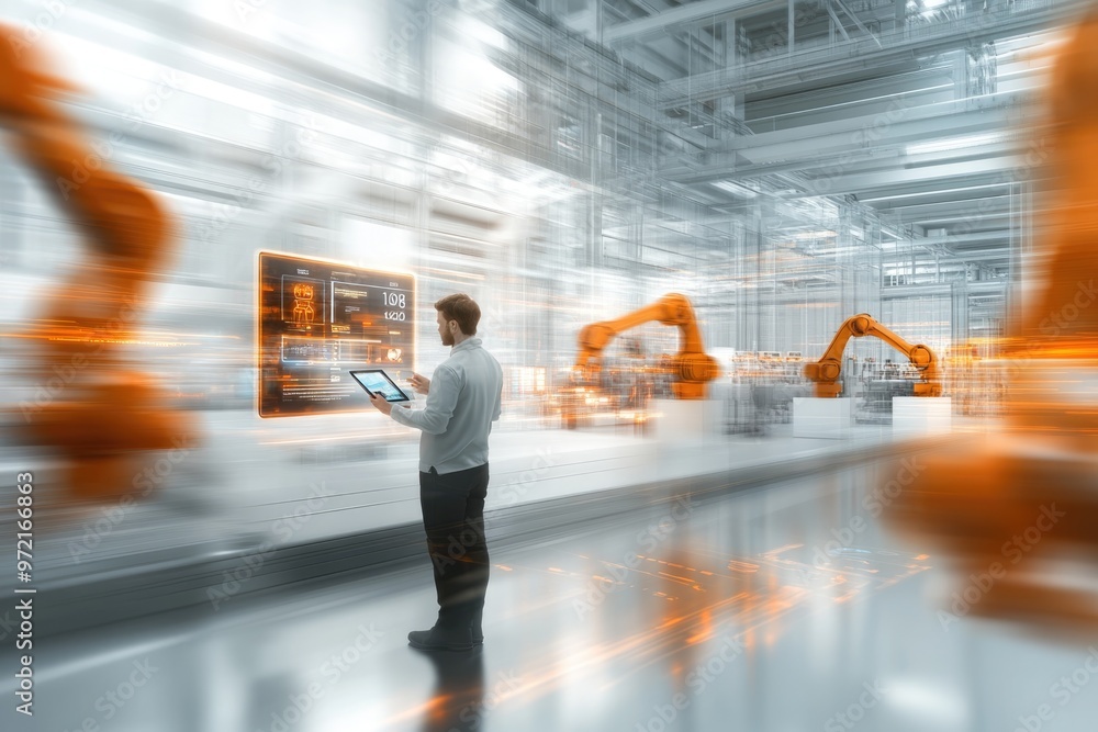 Poster very realistic and photographic photo of an engineer with a tablet in a sleek factory, surrounded by