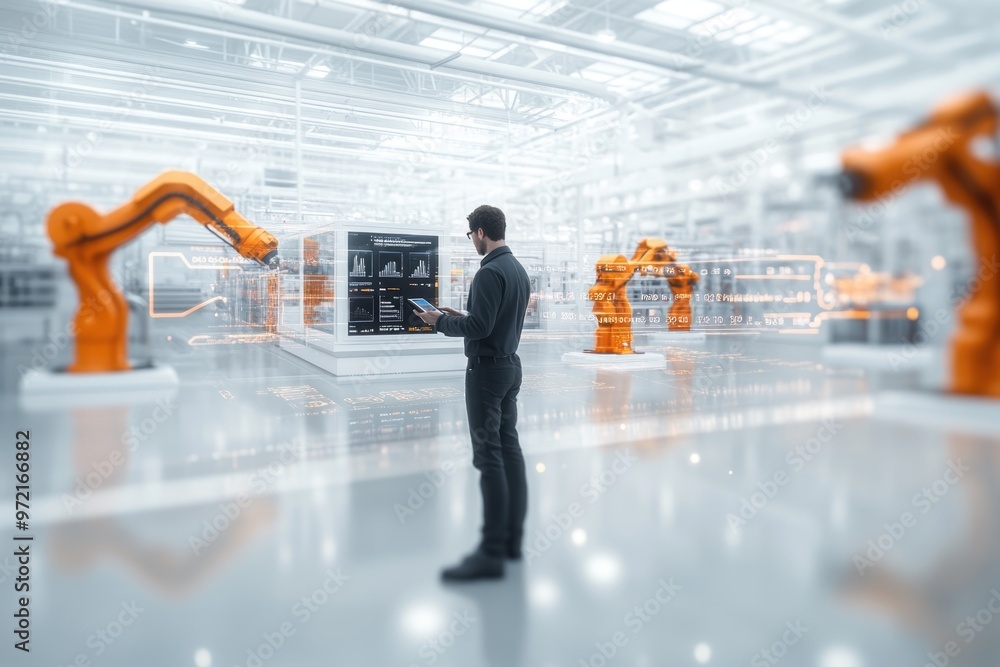 Poster very realistic and photographic photo of an engineer standing in a sleek factory, analyzing data on 