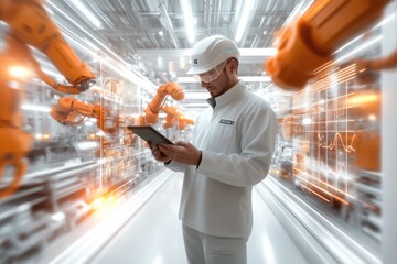 Very realistic and photographic photo of an engineer with a tablet in a sleek factory, surrounded by futuristic holographic displays showing detailed dashboard graphs and charts. Styled like a