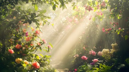 A serene garden filled with a variety of flowers and botanicals, featuring a soft mist and sunlight filtering through leaves
