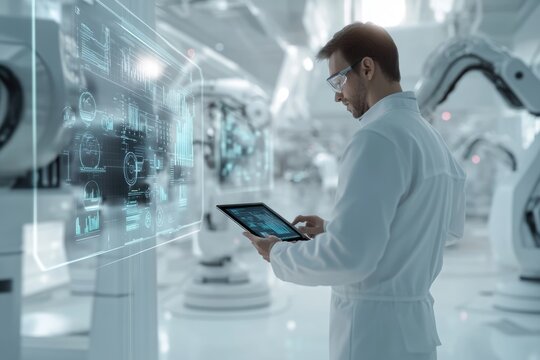 Very realistic and photographic photo of an engineer with a tablet in a sleek, high-tech factory, surrounded by futuristic holographic displays showing detailed factory automation graphs and charts.