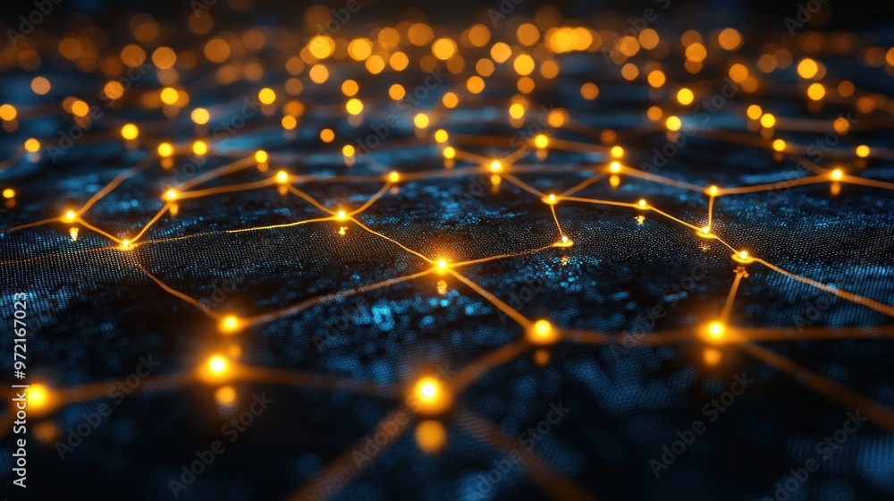 Poster abstract representation of interconnected nodes and networks.