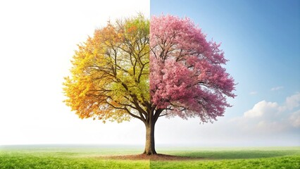 Half Autumn and Half Spring Tree, Seasonal Transition Concept
