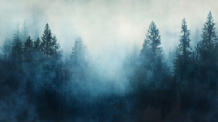 A misty morning forest scene with grainy gradients transitioning from deep blues to soft greens, evoking tranquility