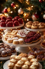Festive cookies and pastries beautifully arranged on plates with Christmas decorations and warm lighting