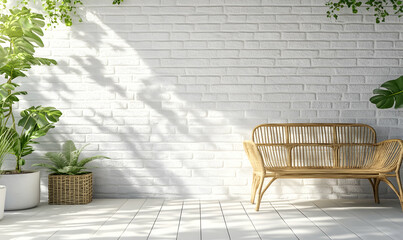 Minimalist patio design with white brick wall, rattan sofa, green plants, and soft sunlight.